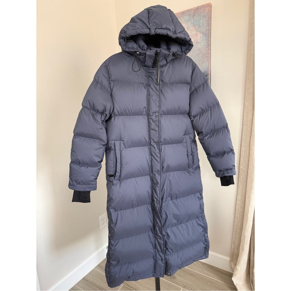 New Quince Responsible Down Long Puffer Coat Women Medium Storm Blue Hooded NWT - Picture 2 of 10